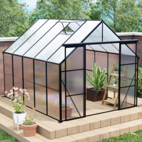 8x10FT Double Door Polycarbonate Greenhouse Raised Base And Anchor Aluminum Heavy Duty Walk-in Greenhouses For Outdoor Backyard In All Season (Color: Black)