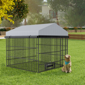 Large Dog Kennel Outdoor Pet Pens Dogs Run Enclosure Animal Hutch Metal Coop Fence With Roof Cover 6.6L X 6.6W X 6.4H (Option: Black Gray)